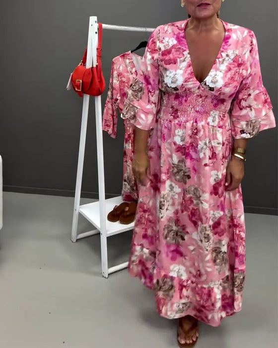 Kleid Tief V Doppelte Schicht Rüsche Blumig