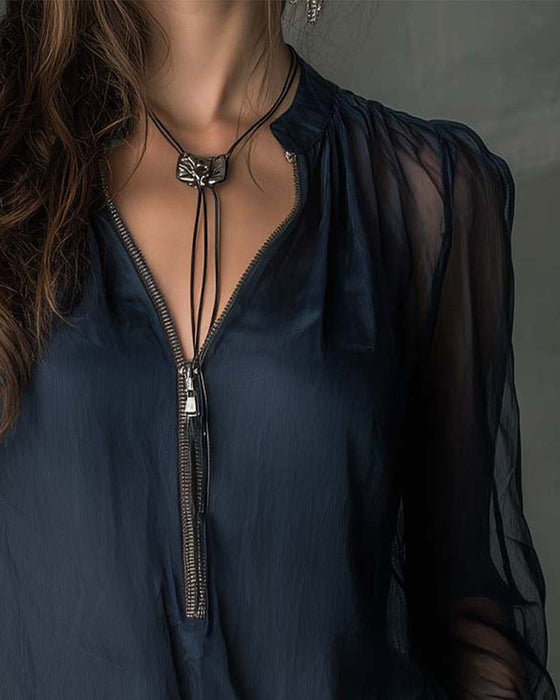Bluse Halb-Reißverschluss Netz Langärmlig