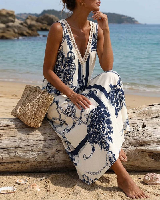Kleid V-Ausschnitt Ärmellos Mit Print