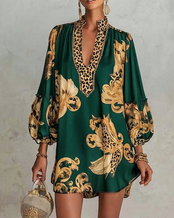 Kleid Leopard Laterne Ärmel Stehkragen Druck