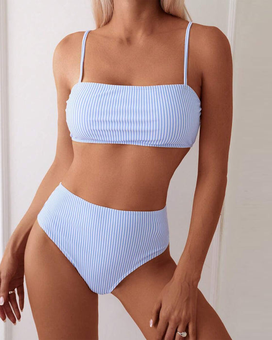 Gestreifter Bandeau-Badeanzug Mit Hoher Taille