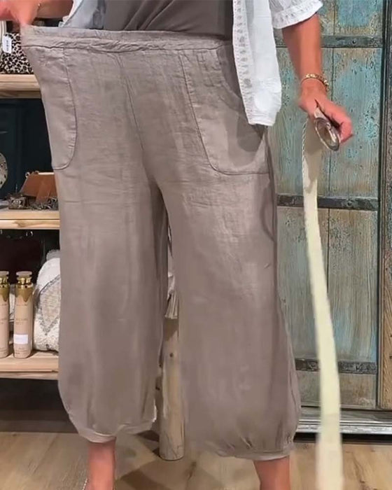 Hose Elastische Taille Tasche Weites Bein Gekürzt