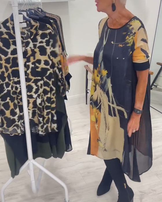 Kleid mit Rundhals-Ausschnitt und Retro-Print