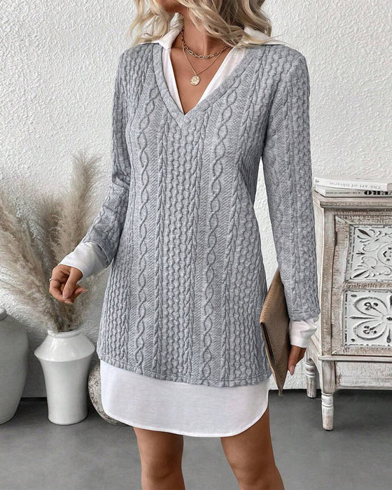 Kleid Hemdkragen Fake Zweiteilig Gestrickt