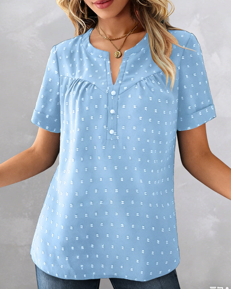 Bluse Jacquard V-Ausschnitt Halbknopfleiste Kurzarm
