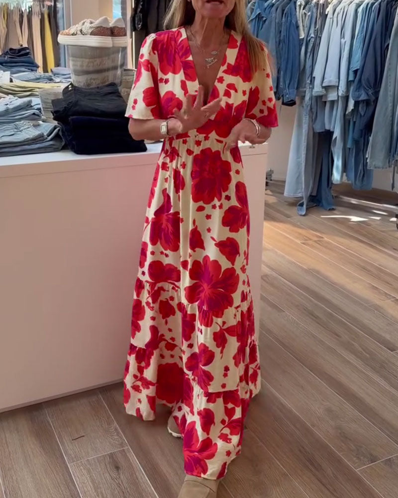 Kleid Tief V Resort Taille Gedruckt