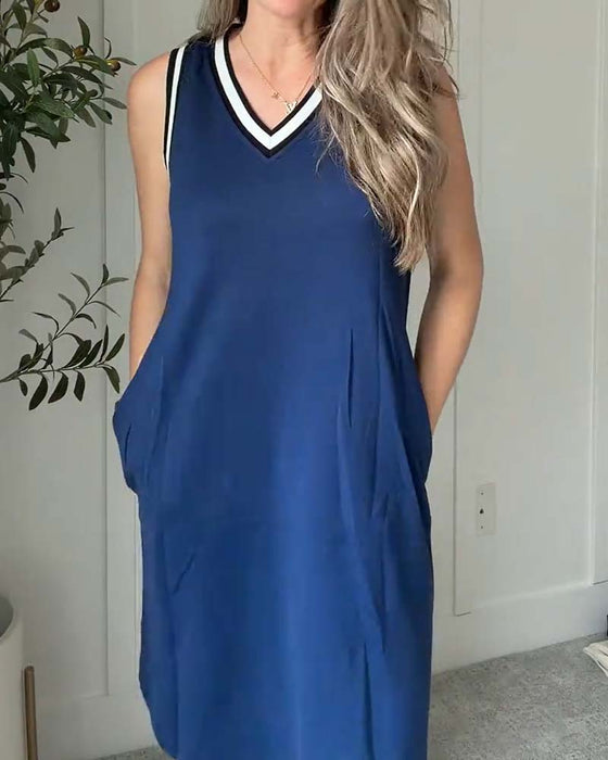 Kleid V-Ausschnitt Farbblock Aktiv Tank