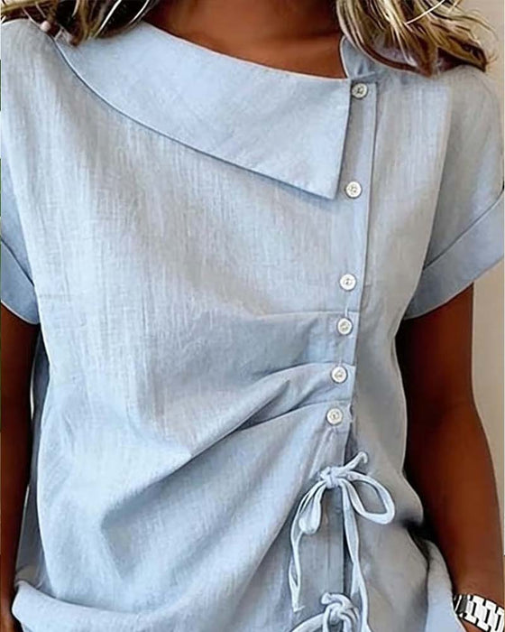 Bluse Diagonal Kordelzug Binden Kurzarm