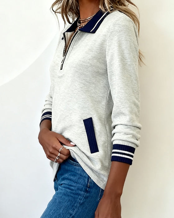Weites Sweatshirt mit Revers, Reißverschluss und Kontrastfarbe