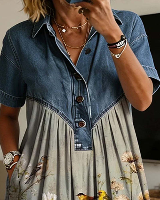 Kleid Hemdkragen Blumig Denim Patchwork