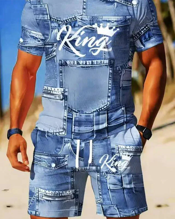 Herren-Set Mit Rundhals-Monogramm-T-Shirt Und Kordelzug-Shorts