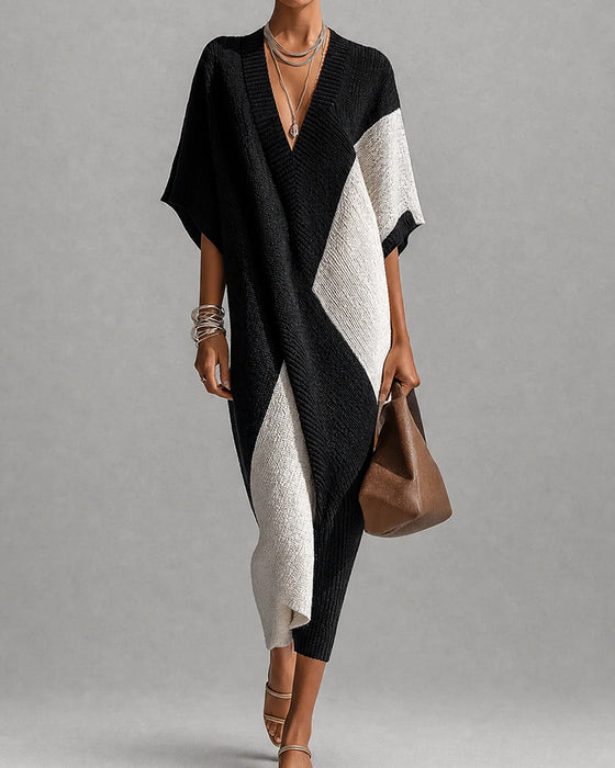 Sweater Kleid Farbblock V-Ausschnitt