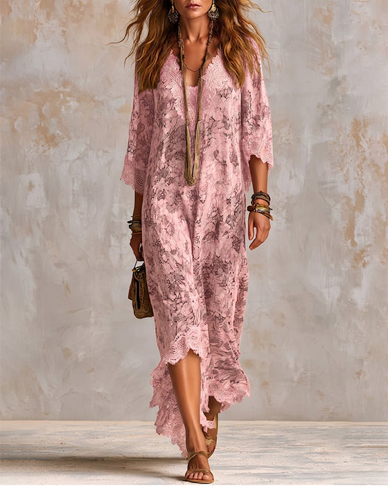 Kleid V-Ausschnitt Spitze Patchwork Asymmetrisch