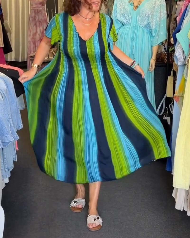Kleid Vertikaler Streifen V-Ausschnitt Bunt