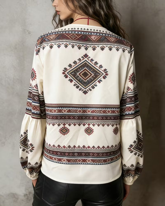 Bluse Ethno Geometrisch Print Laternenärmel