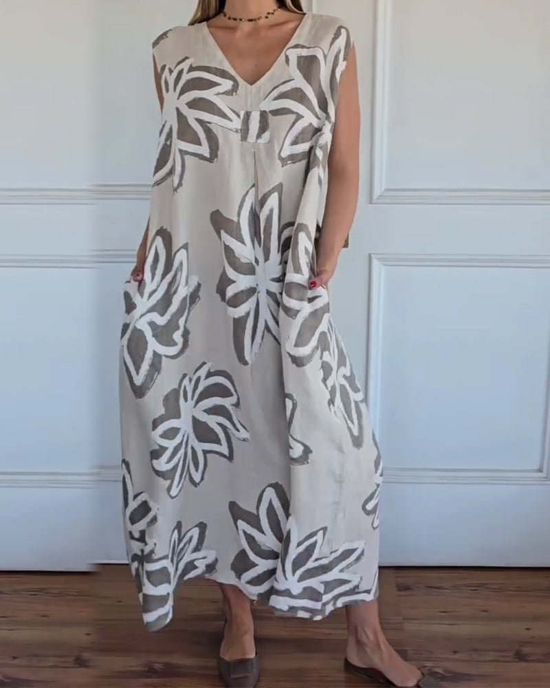 Kleid V-Ausschnitt Abstrakt Blumig Ärmellos