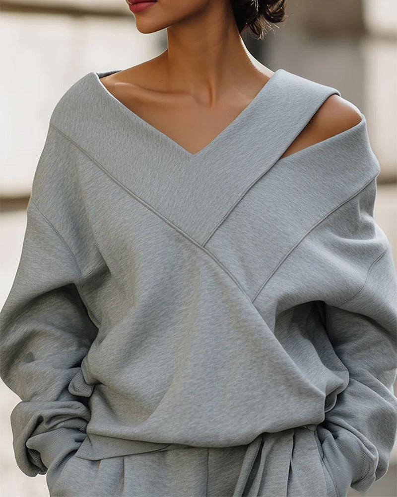 Sweatshirt schulterfrei V-Ausschnitt lässig