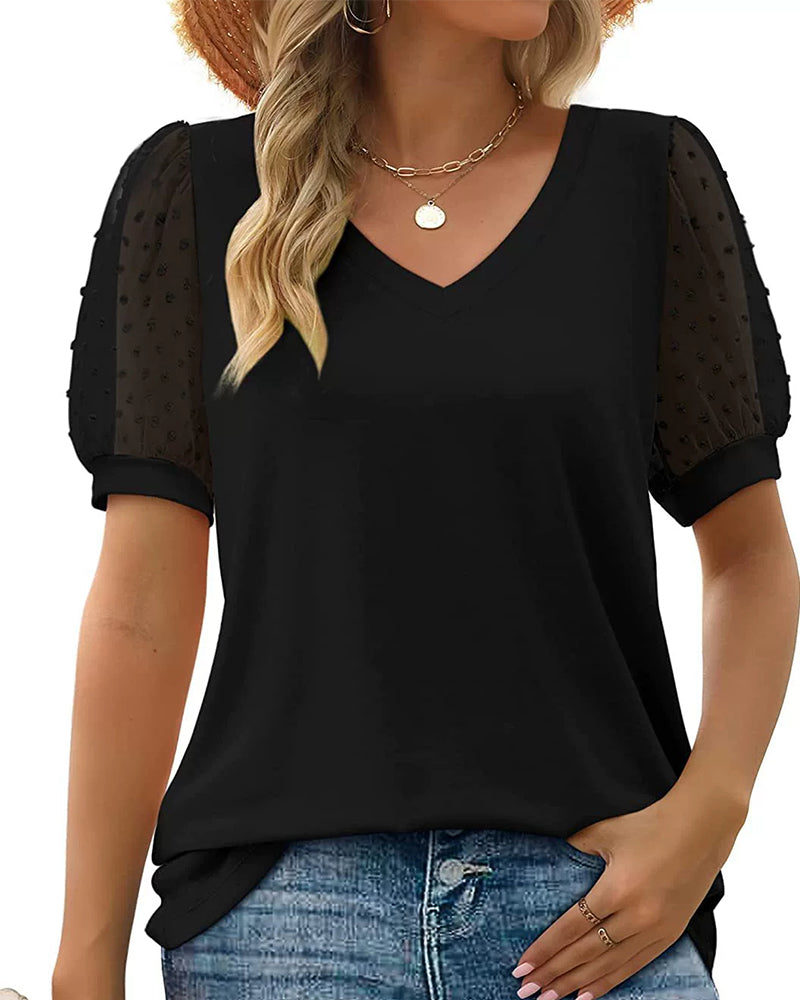 Bluse Einfarbig Mesh Puffärmel