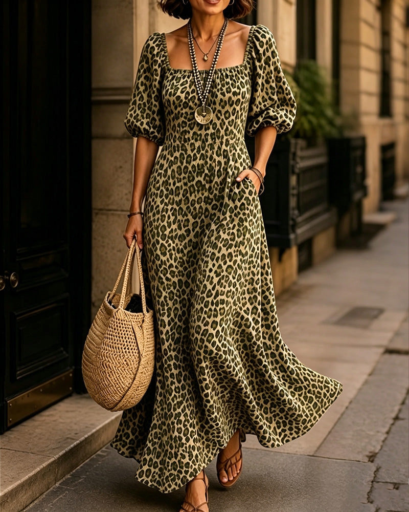 Kleid Quadratischer Ausschnitt Leopard Mode