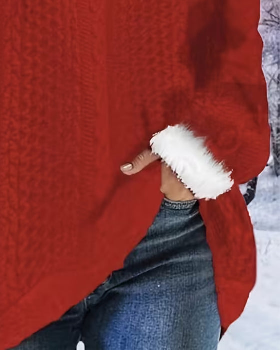 Top Plüschbesatz V-Ausschnitt Weihnachten