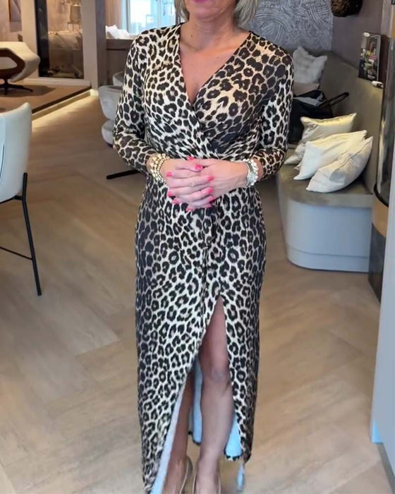 Kleid Leopard Druck V-Ausschnitt Wickel Schlitz
