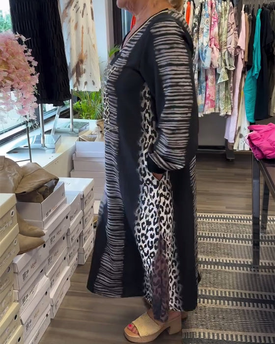 Kleid Leopardenprint V-Ausschnitt Langarm