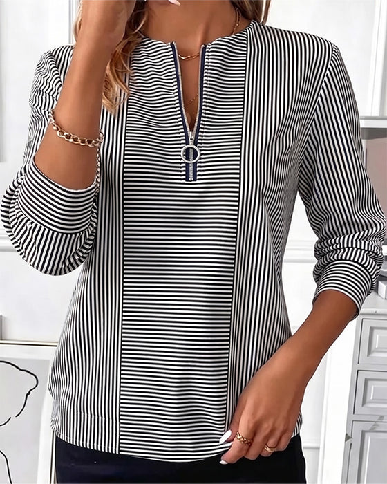 Bluse Gestreift Patchwork Reißverschluss Hoch