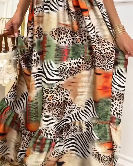 Kleid Leopard Kontrast Spaghettiträger Patchwork