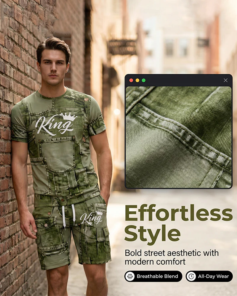 Herren-Set Mit Rundhals-Monogramm-T-Shirt Und Kordelzug-Shorts