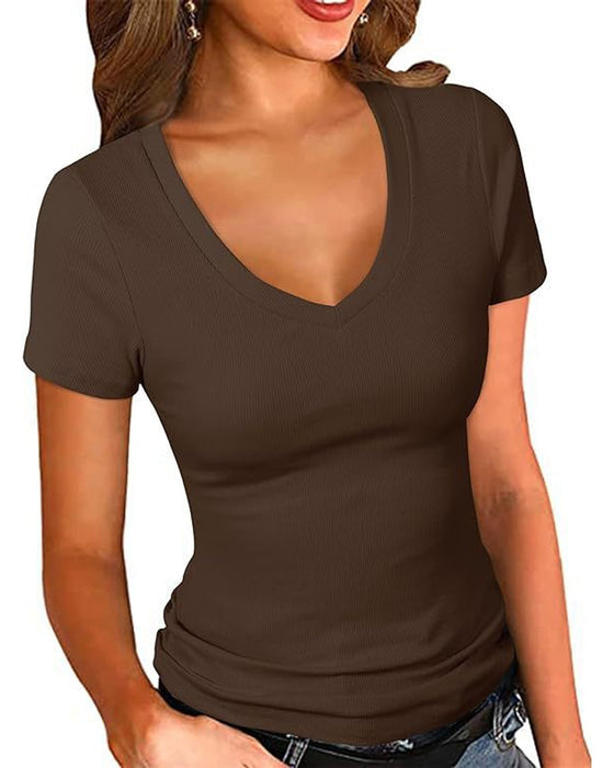 T-Shirt Gerippt Slim Fit V-Ausschnitt Kurzarm
