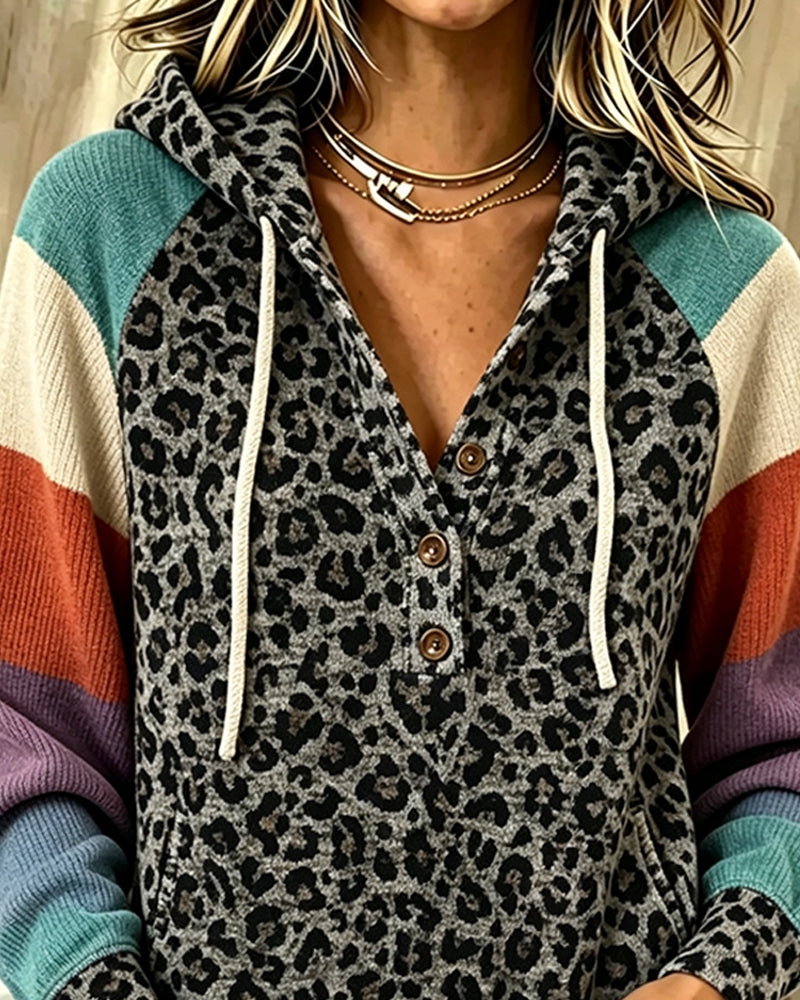 Hoodie Leopard Farbblock Knopf