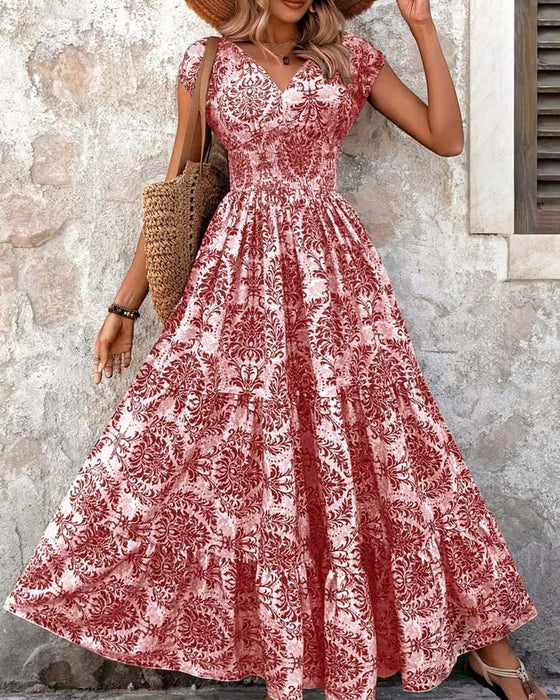 Kleid Retro Print V-Ausschnitt Tailliert Lang