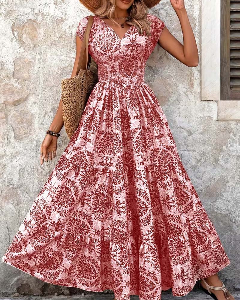 Kleid Retro Print V-Ausschnitt Tailliert Lang