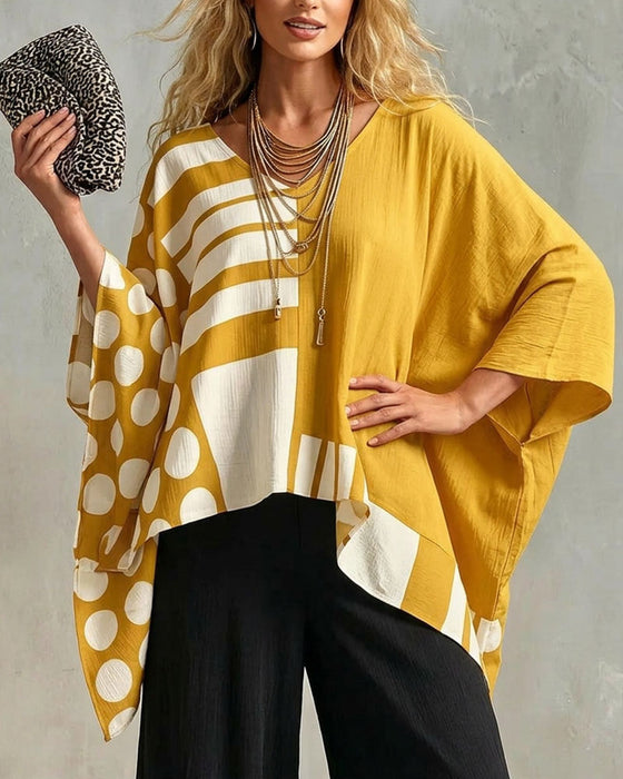 Bluse Polka Dot Streifen Patchwork V Ausschnitt