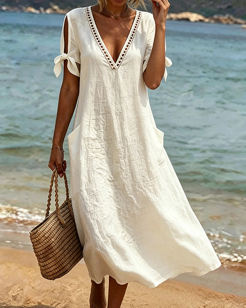 kleid lang v‑ausschnitt aussparung am kragen urlaub