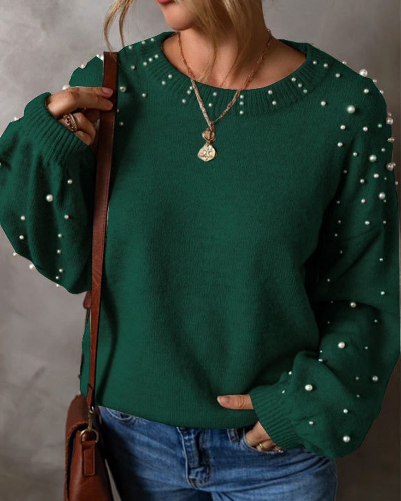 Pullover Mit Perlen Lange Ärmel Rundhals