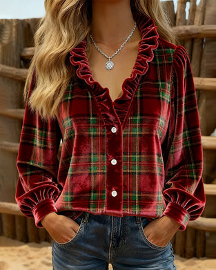 Top Mit Rüschendetails, V-Kragen Design Und Samtstoff