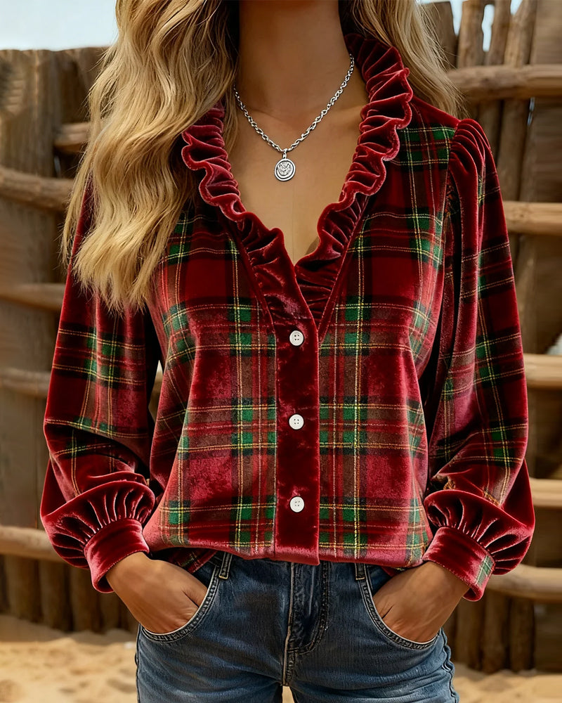 Top Mit Rüschendetails, V-Kragen Design Und Samtstoff