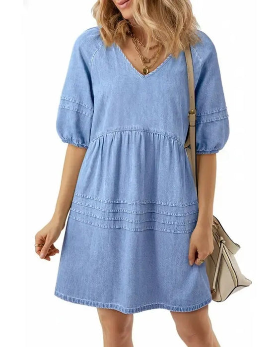 Kleider Denim V-Ausschnitt Puff Ärmel