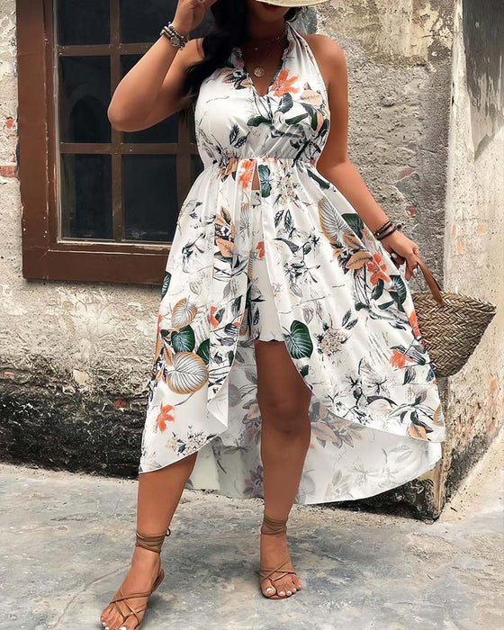 Set V-Ausschnitt Halter Ärmelloses Kleid + Shorts