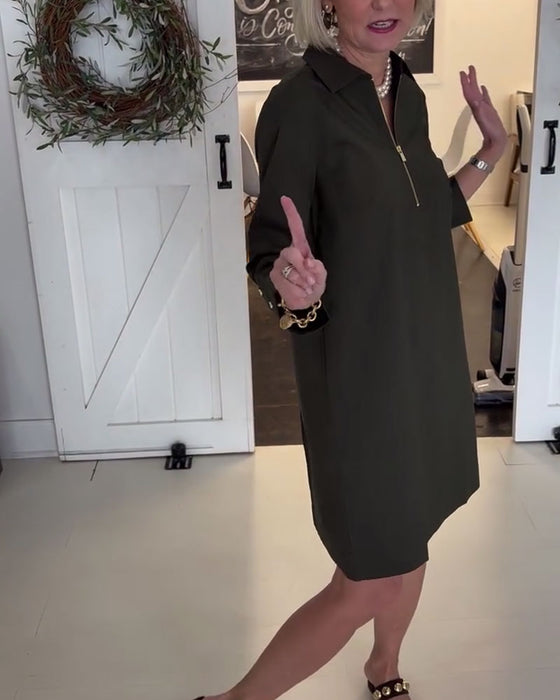 Kleid Halbzip Revers Dreiviertelärmel