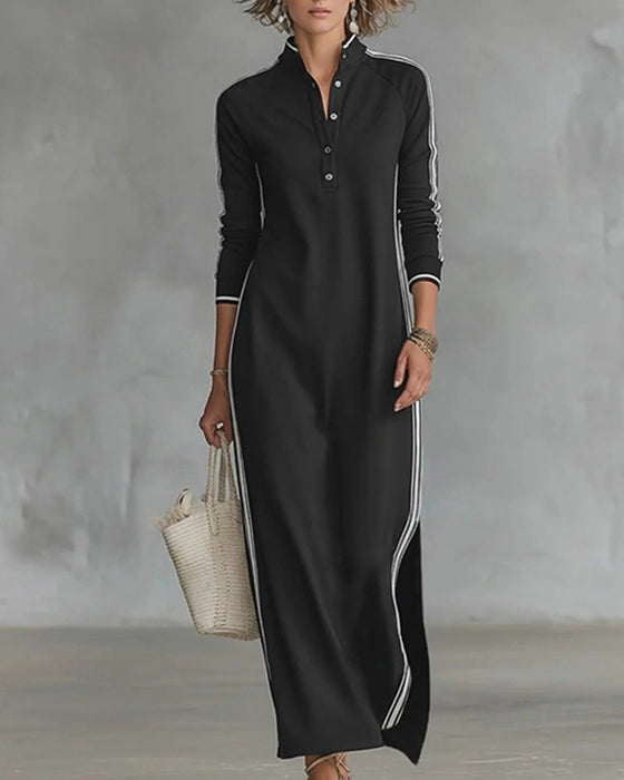 Kleid Kontrast Knopf V-Ausschnitt