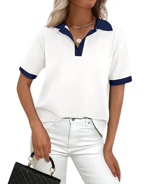 T-Shirt Polo Kragen Farbblock Kurzarm
