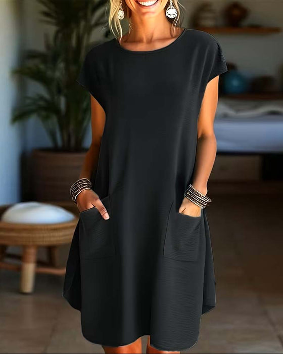 Kleid Taschensdetail Runder Ausschnitt Kurzarm