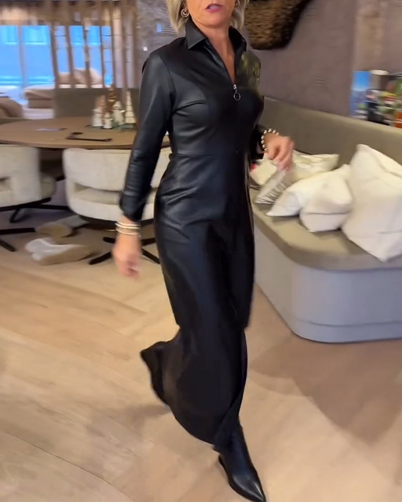 Kleid Revers Reißverschluss Pu Modisch