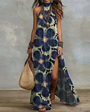 Kleid Blumenprint Neckholder Ärmellos Schlitz Lang
