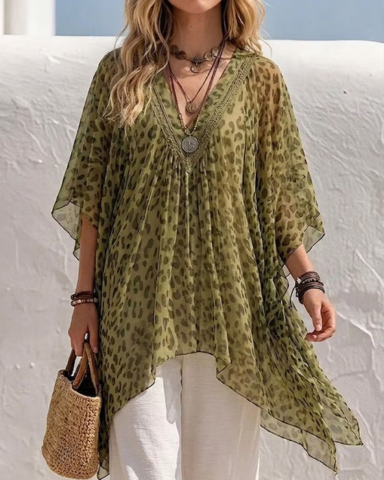 Bluse V-Ausschnitt Unregelmäßig Leopard