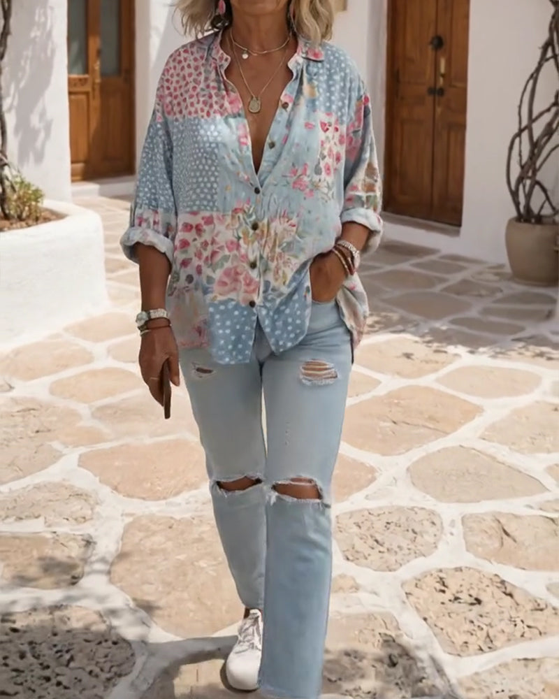 Hemd mit kleinem Blumenmuster und Stehkragen