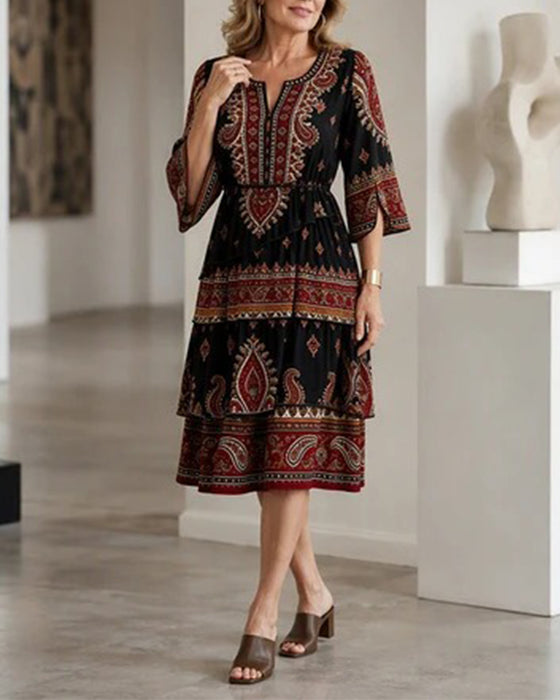 Kleid Bedruckter Rundhals Halb-Ärmel