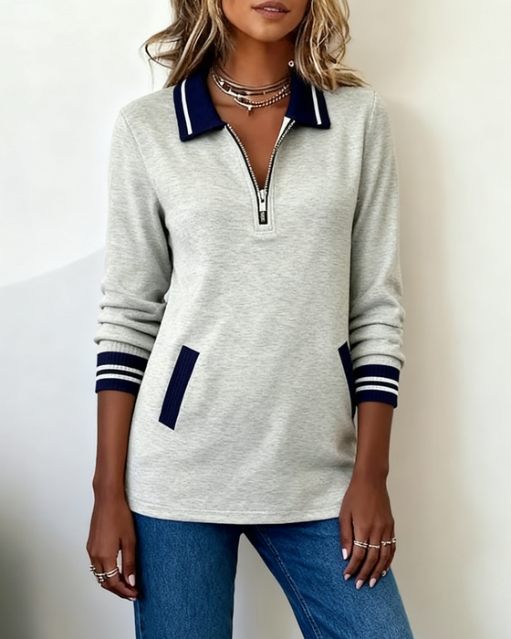 Weites Sweatshirt mit Revers, Reißverschluss und Kontrastfarbe